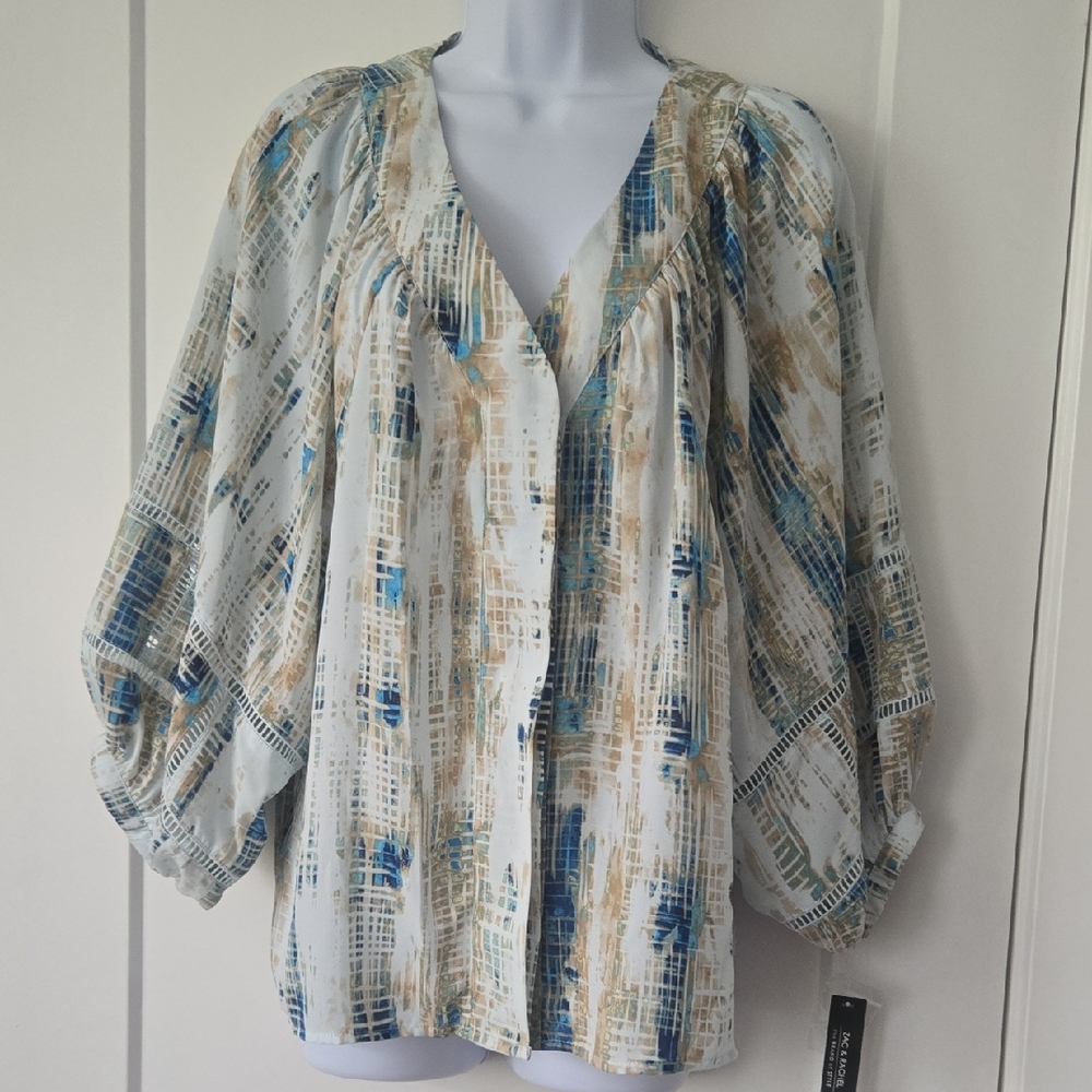 Zac & Rachel Blue‎ Cream 3/4 Sleeve Relaxed Blouse